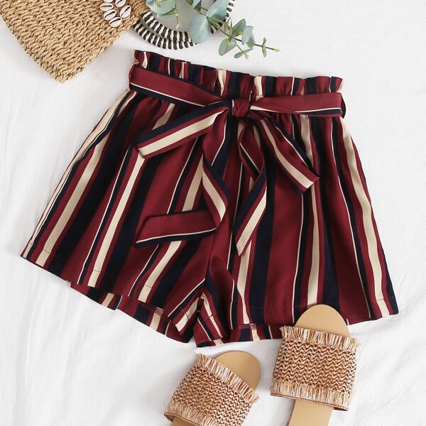 

Striped Paperbag Belted Shorts, Multicolor