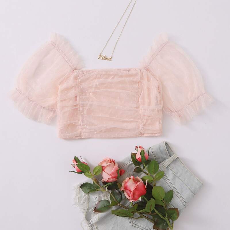 

Dobby Mesh Shirred Back Crop Top, Baby pink