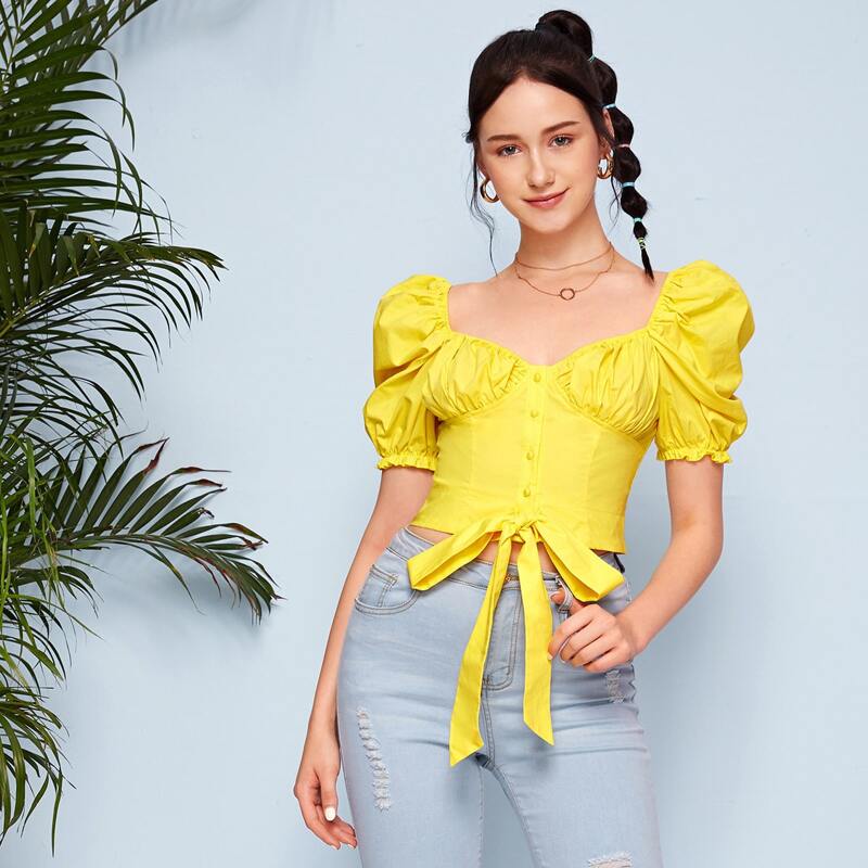 

Puff Sleeve Ruched Bust Buttoned Front Knot Hem Blouse, Yellow