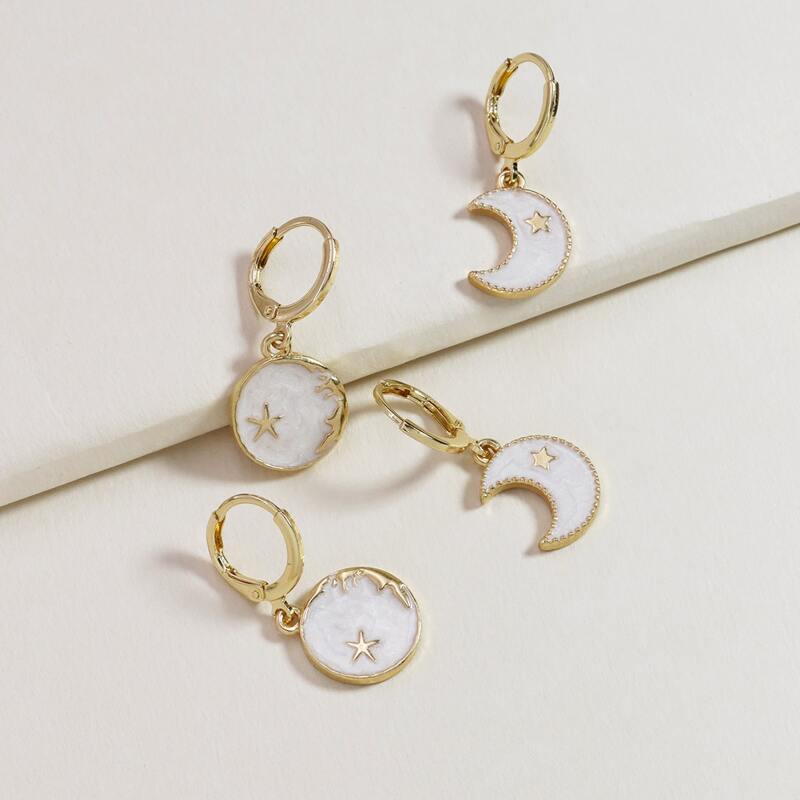 

2pairs Moon Charm Drop Earrings, Gold