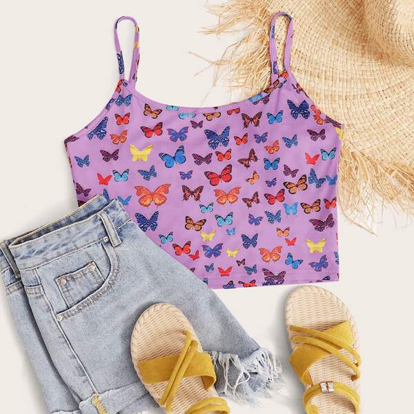 

Allover Butterfly Print Crop Cami Top, Lilac purple