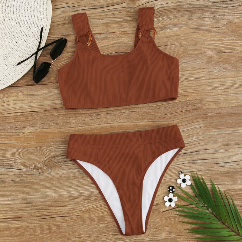 

Rib Ring Linked High Waisted Bikini Swimsuit, Rust brown
