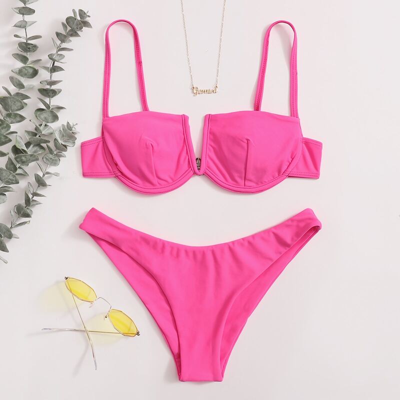 V Wired Underwire Bikini Swimsuit, Hot pink
