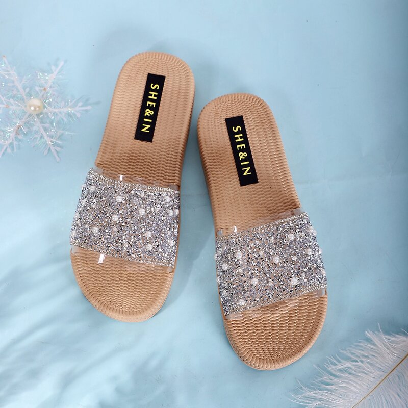 

Faux Pearl & Rhinestone Decor Slippers, Silver