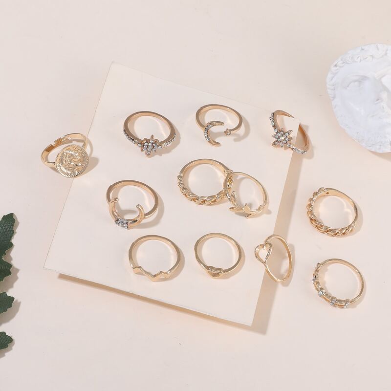 

12pcs Rhinestone Decor Ring, Gold