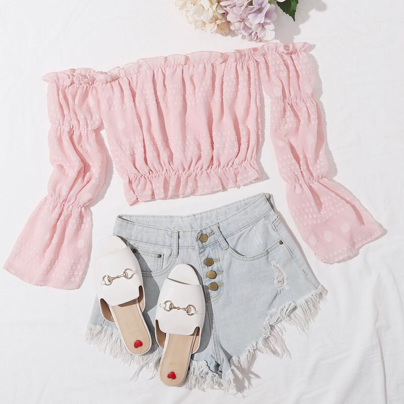 

Swiss Dot Frill Trim Crop Bardot Blouse, Baby pink