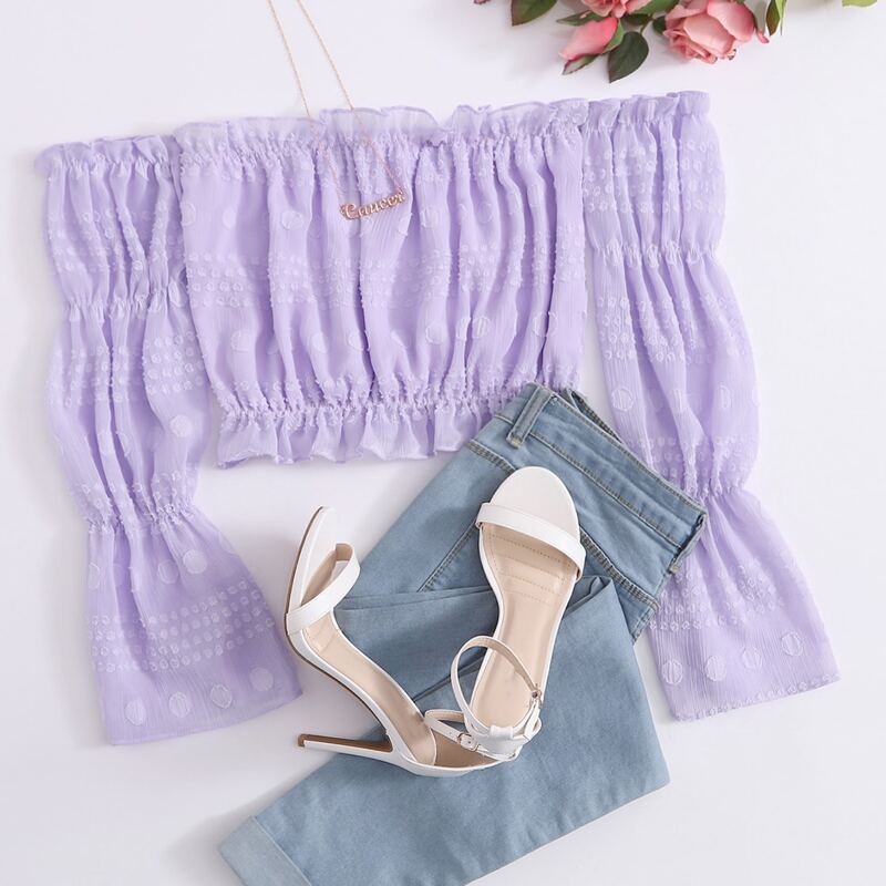

Swiss Dot Frill Trim Crop Bardot Blouse, Lilac purple