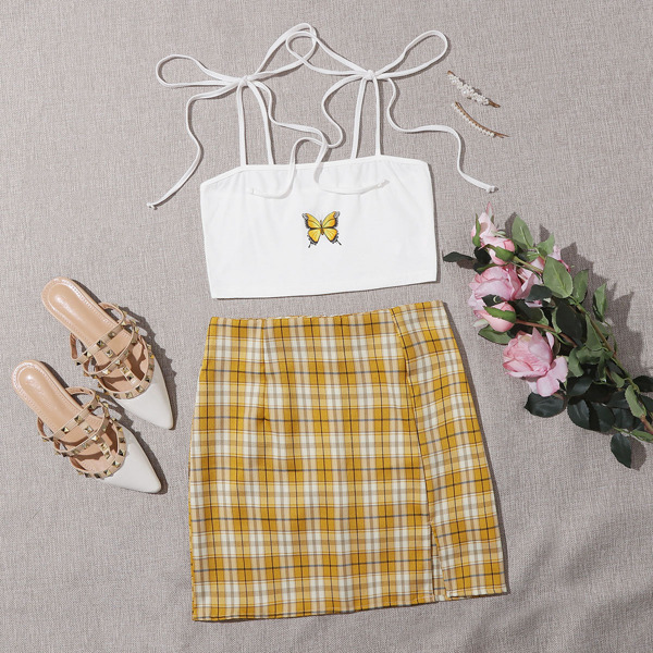 

Butterfly Print Knotted Cami Top & Tartan Skirt, Yellow