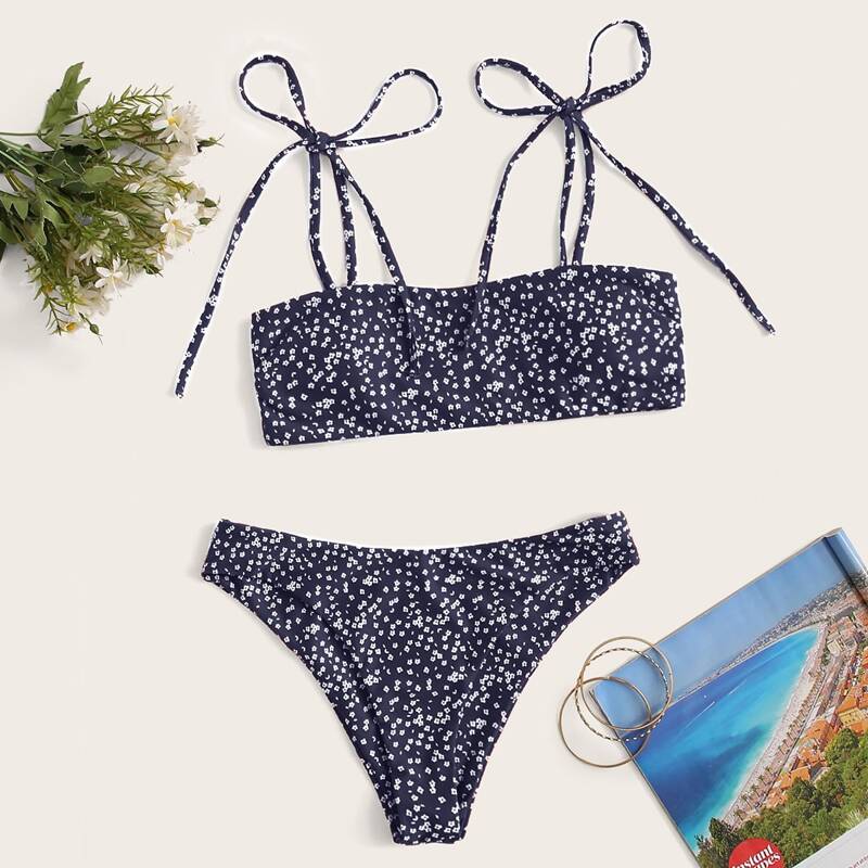 

Ditsy Floral Tie Shoulder Bikini Swimsuit, Black