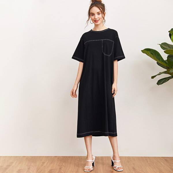 

Drop Shoulder Contrast Stitch Dress, Black