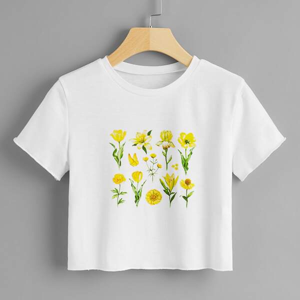 

Floral Print Short Sleeve Crop Tee, White