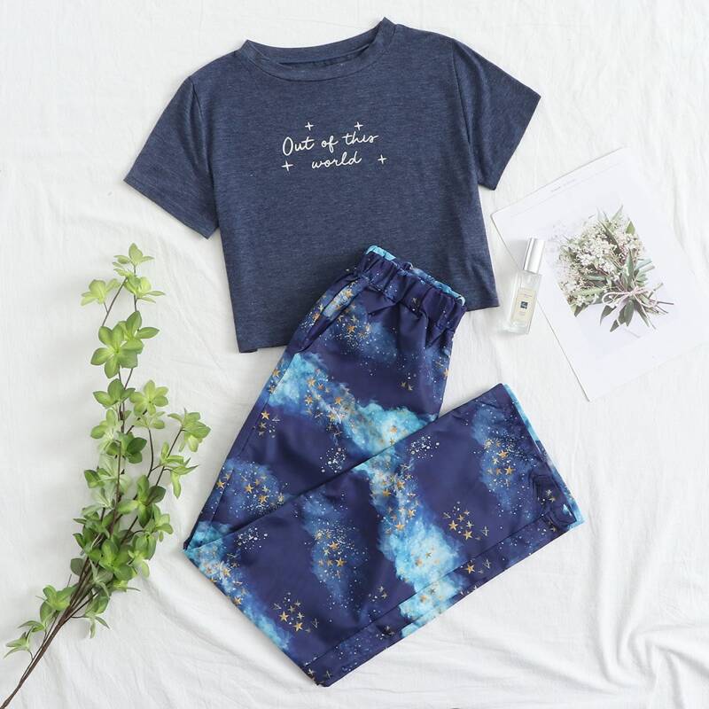 

Slogan Graphic Tee With Galaxy Pants PJ Set, Multicolor