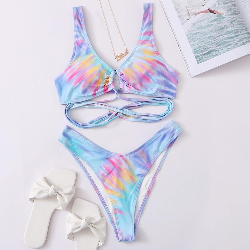 

Tie Dye High Leg Bikini Swimsuit, Multicolor