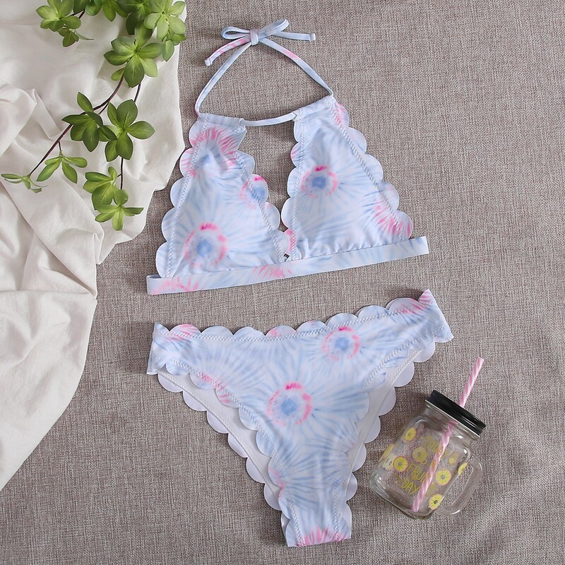 

Tie Dye Scallop Trim Bikini Swimsuit, Pastel baby blue
