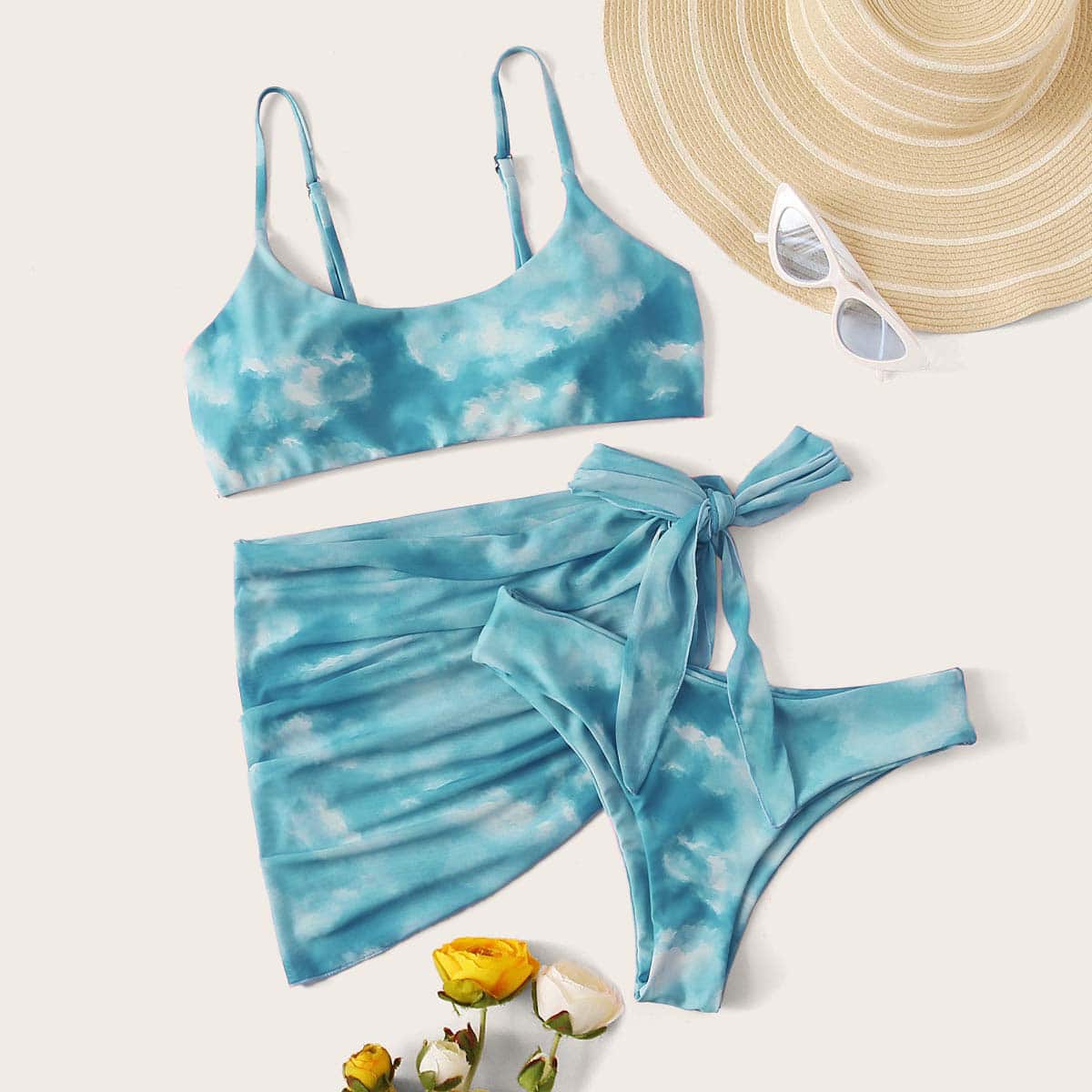 

3pack Tie Dye Bikini Swimsuit & Beach Skirt, Cadet blue