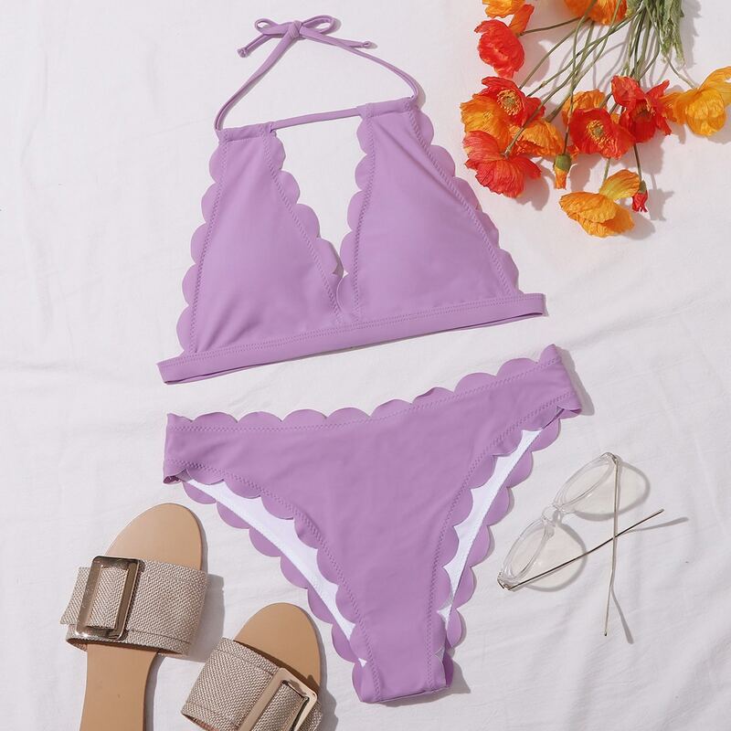 

Scallop Trim Halter Bikini Swimsuit, Lilac purple