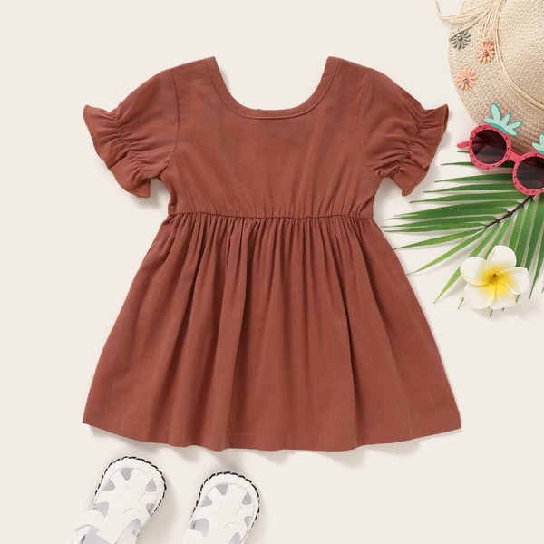 

Baby Girl Flounce Sleeve Solid Dress, Rust brown