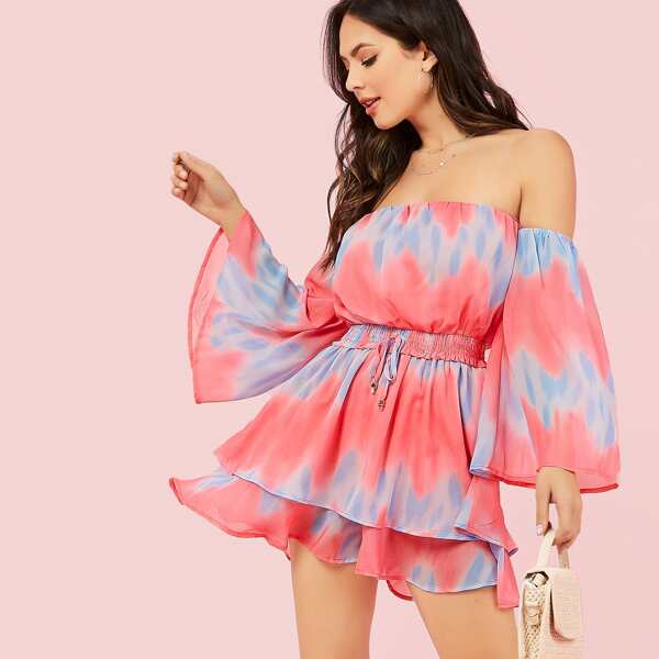 

Off Shoulder Flounce Sleeve Shirred Waist Tie Dye Peplum Romper, Multicolor