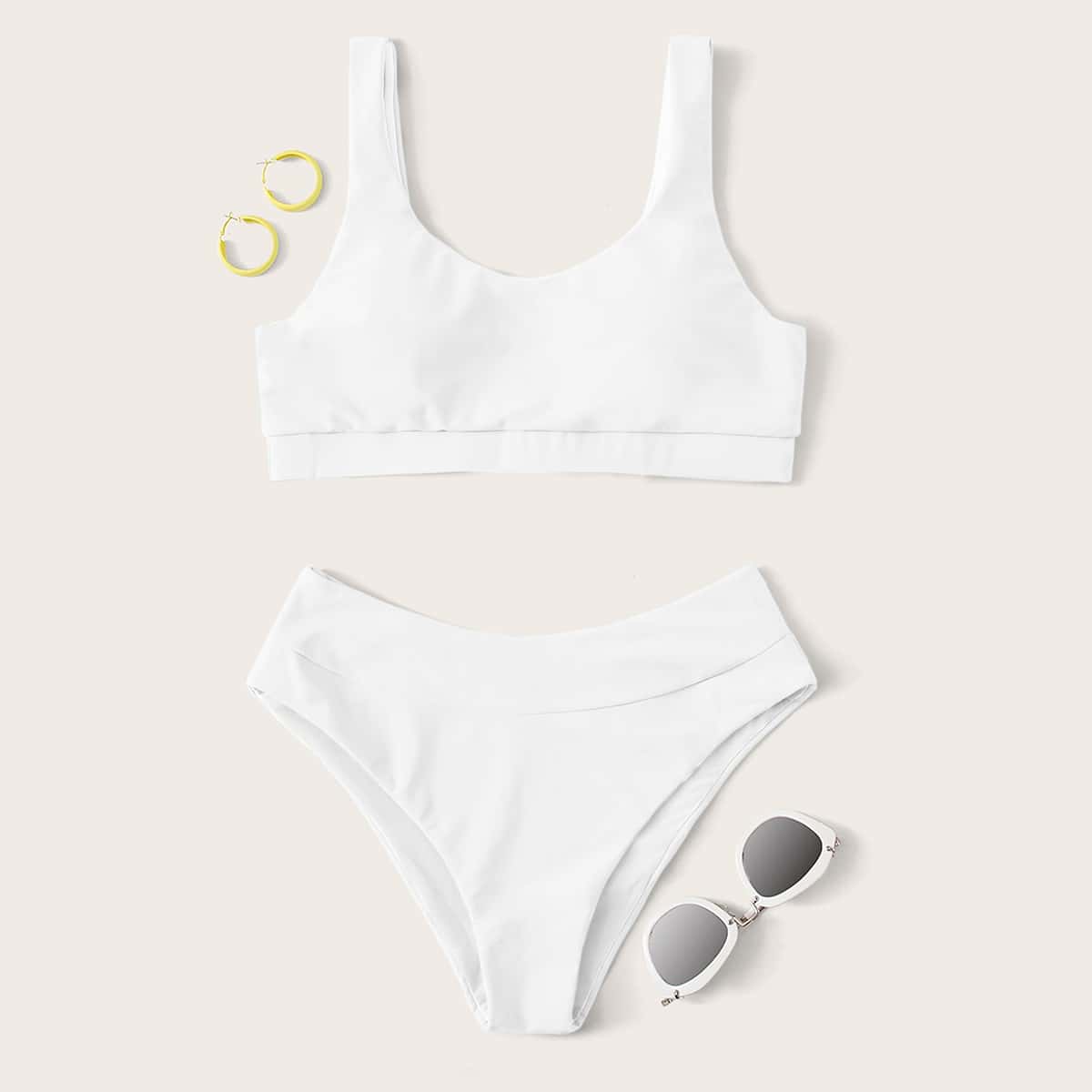 

Solid Scoop Neck Bikini Swimsuit, White