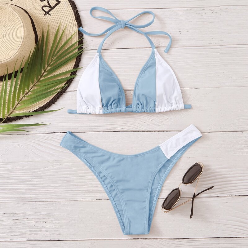 

Two Tone Halter Triangle Bikini Swimsuit, Pastel baby blue