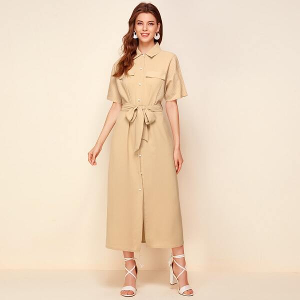

Striped Button Up Belted Shirt Dress, Khaki