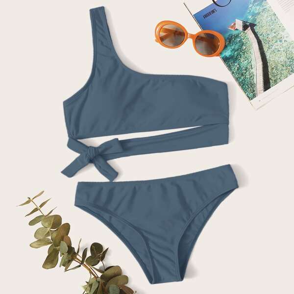 

Knot Waist One Shoulder Bikini Swimsuit, Dusty blue