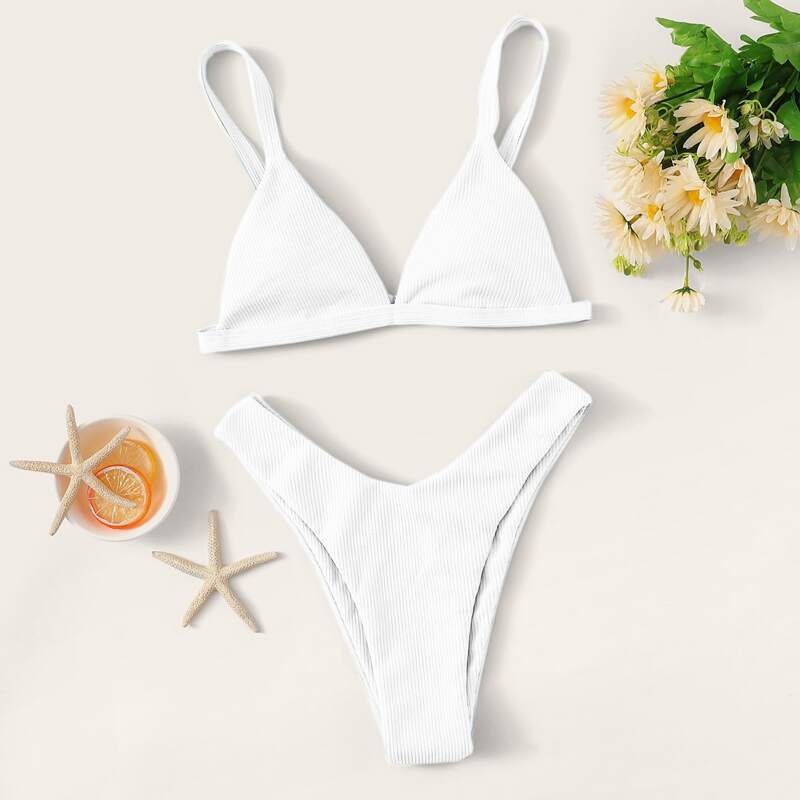 

Rib Triangle High Leg Bikini Swimsuit, White