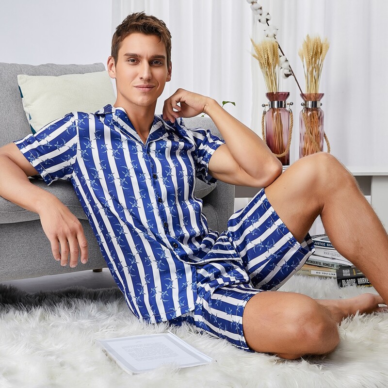 

Guys Stripe And Fish Print PJ Set, Blue and white
