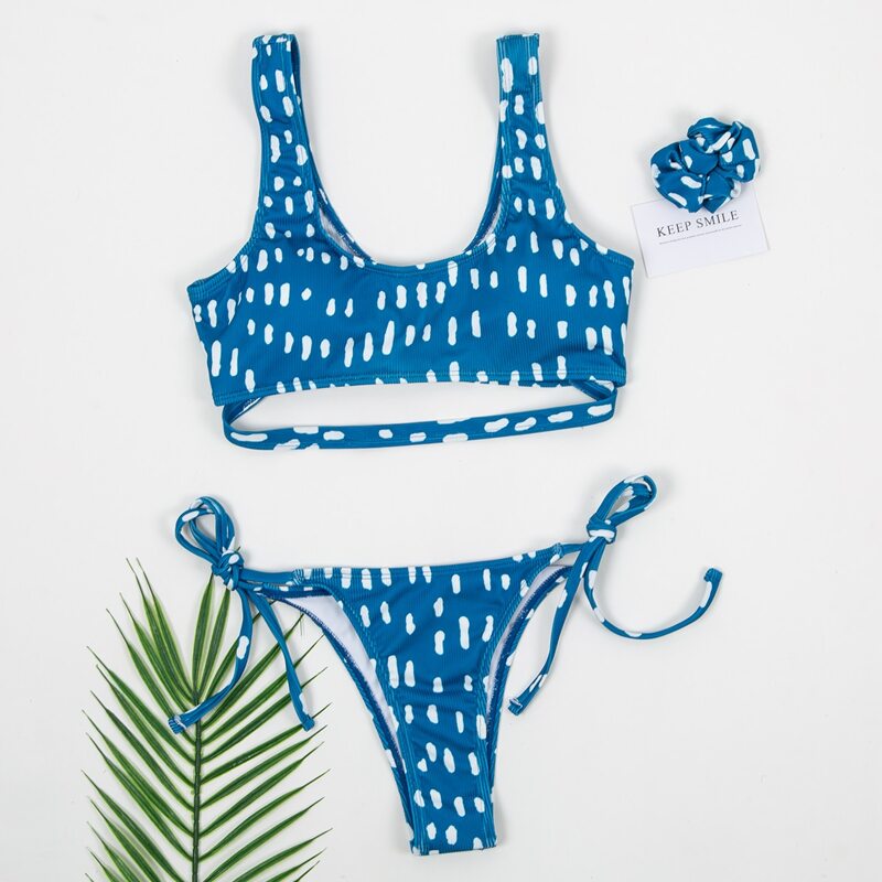 

Allover Print Tie Side Bikini Swimsuit & Scrunchie, Teal blue