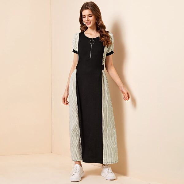 

O-Ring Zipper Striped Colorblock Tee, Black