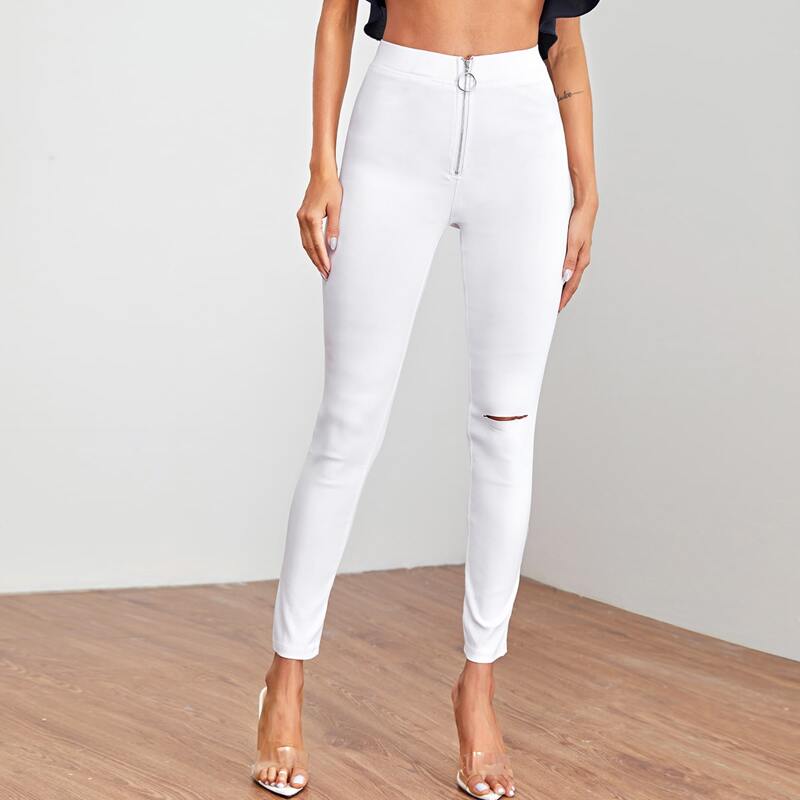 

Ripped O-ring Zipper Front Skinny Jeans, White