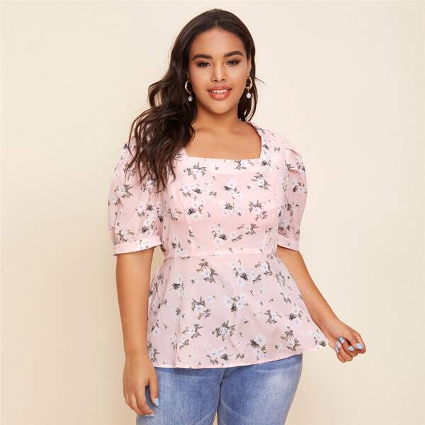 

Plus Floral Print Peplum Top, Baby pink