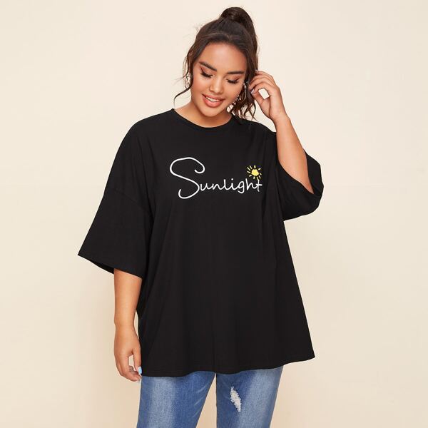 

Plus Drop Shoulder Letter and Sun Print Tee, Black