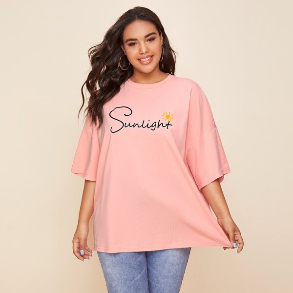 

Plus Drop Shoulder Letter and Sun Print Tee, Coral pink
