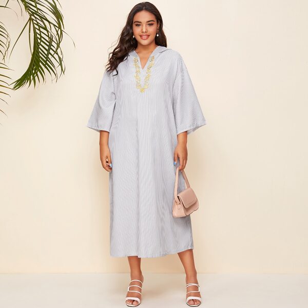 

Plus Embroidery Detail Striped Hooded Dress, Multicolor