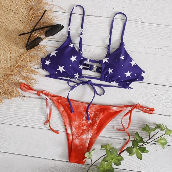 

Star Print Cut-out Tie Side Bikini Swimsuit, Multicolor