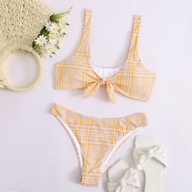 

Plaid Knot Front Bikini Swimsuit, Yellow