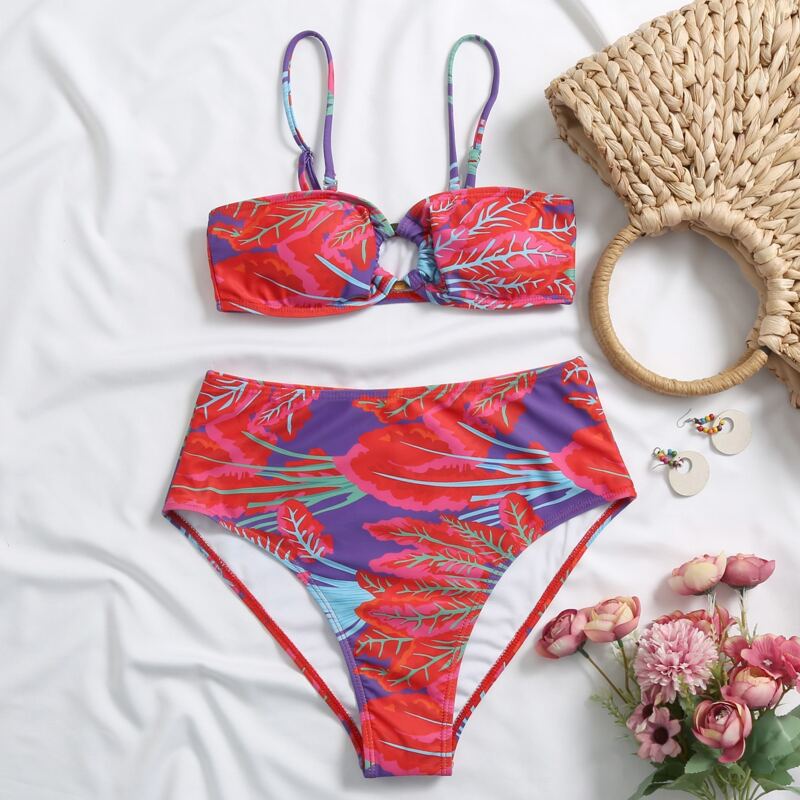 

Plant Print High Waisted Bikini Swimsuit, Red