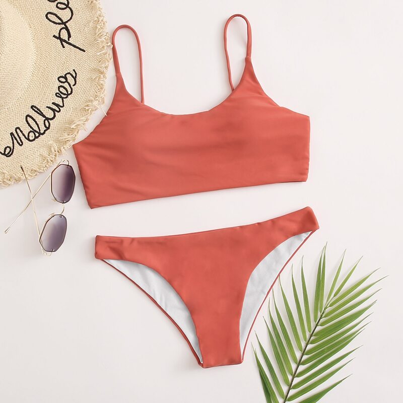 

Solid Adjustable Strap Bikini Swimsuit, Watermelon pink