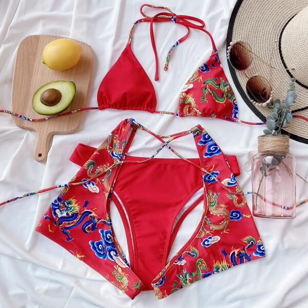 

3pack Chinese Dragon Print Triangle Co-ord Bikini Swimsuit, Red
