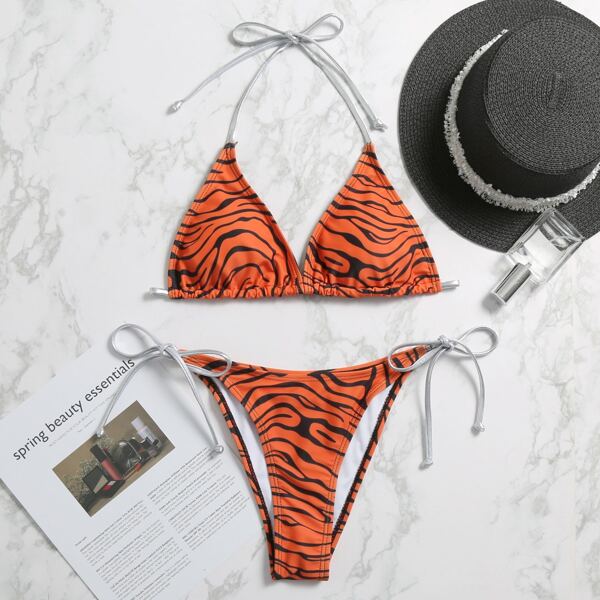 

Zebra Stripe Triangle Tie Side Bikini Swimsuit, Orange