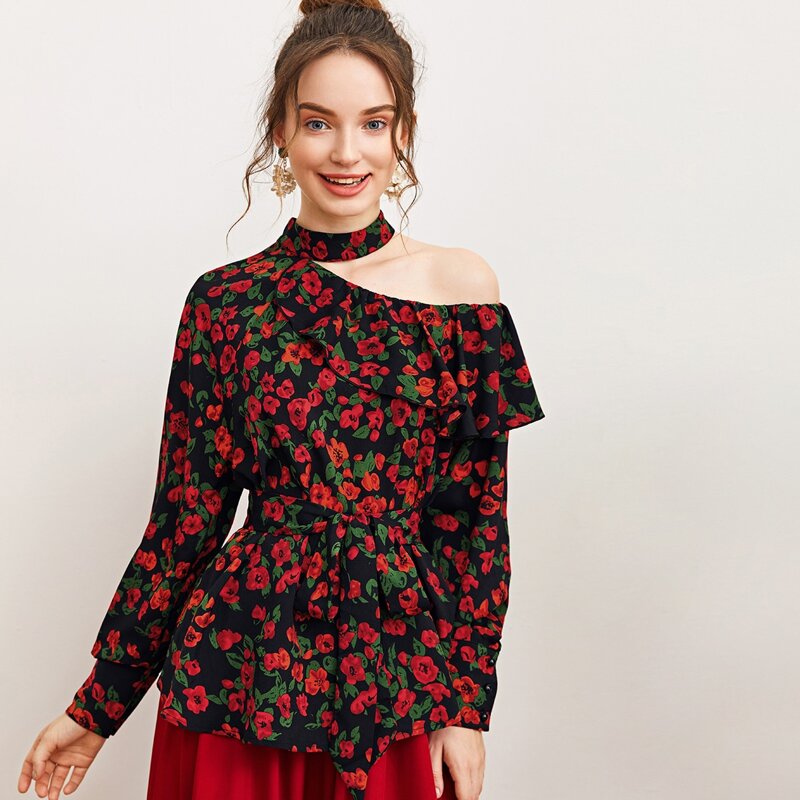 

Ruffle Trim Cutout Shoulder Floral Belted Top, Multicolor