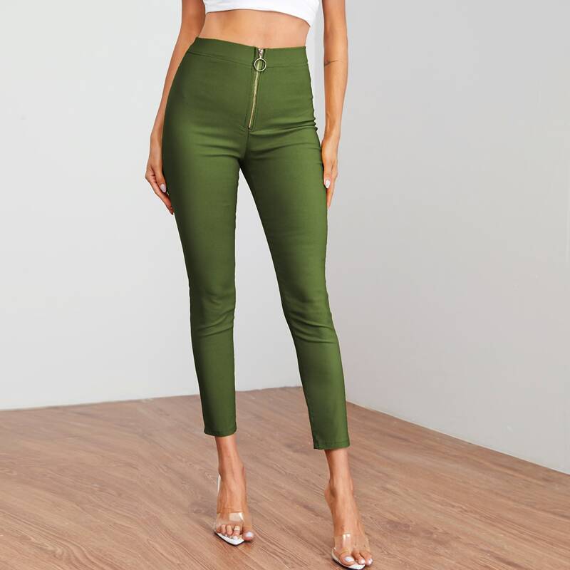 

O-ring Zipper Front Skinny Jeans, Army green