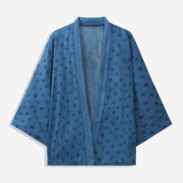 

Men Allover Star Print Denim Kimono, Medium wash