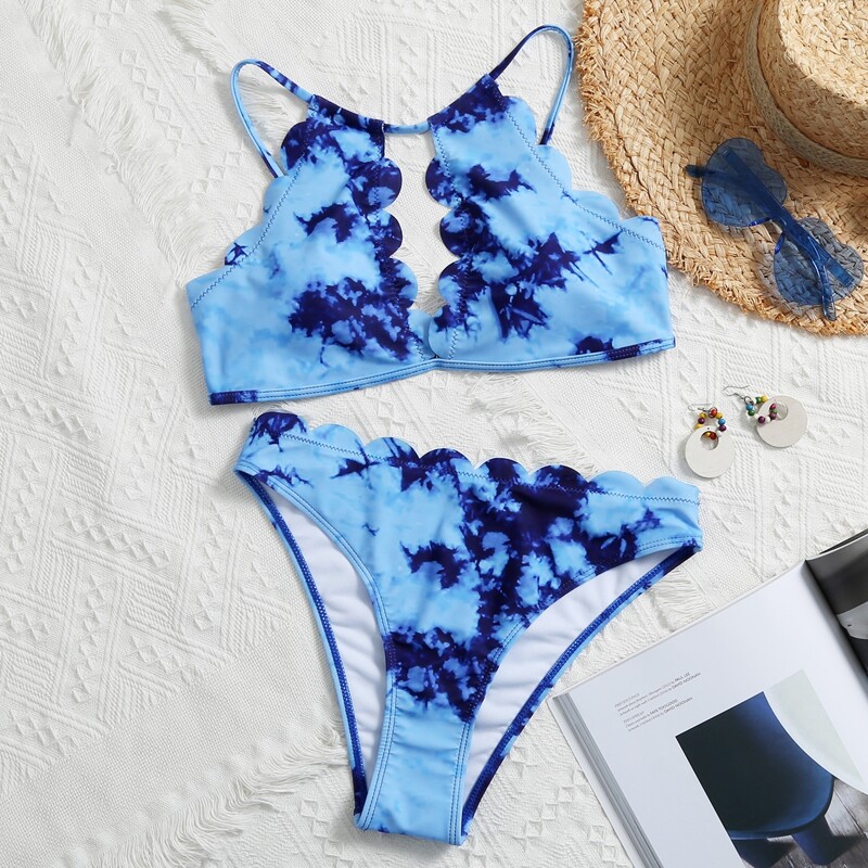 

Tie Dye Scallop Trim Bikini Swimsuit, Blue