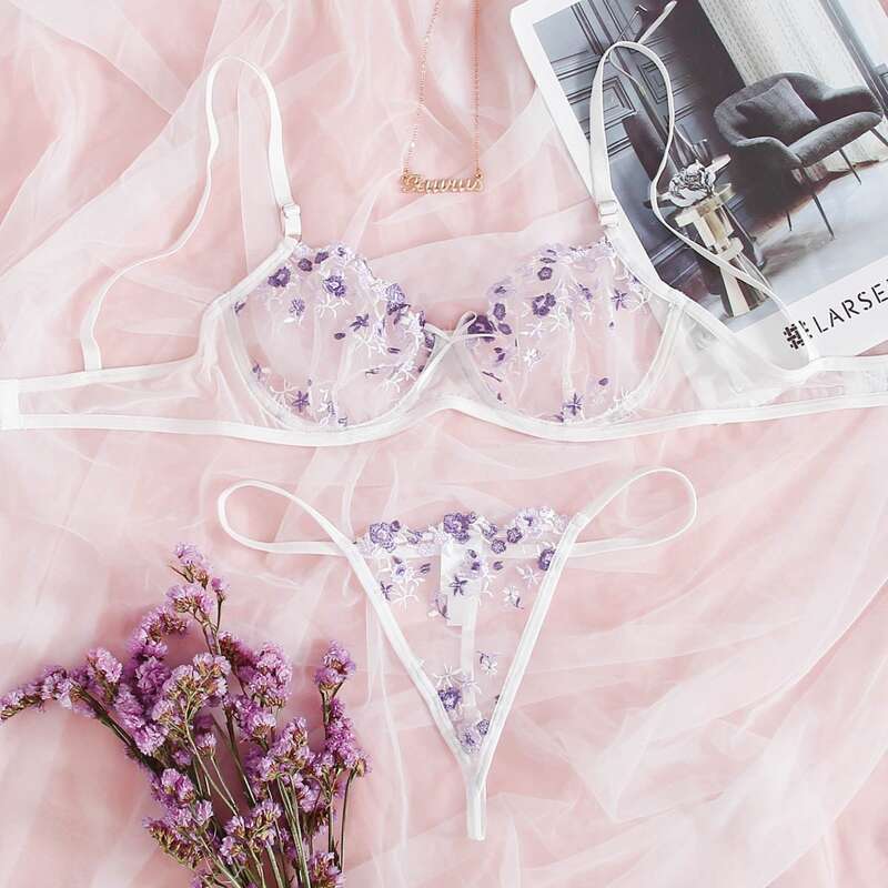 

Floral Embroidered Mesh Underwire Lingerie Set, White