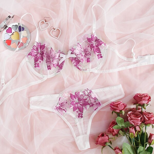

Floral Embroidered Mesh Underwire Lingerie Set, Multicolor
