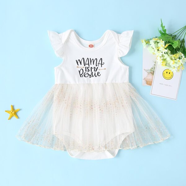 

Baby Girl Slogan Graphic Embroidered Mesh Overlay Bodysuit, White