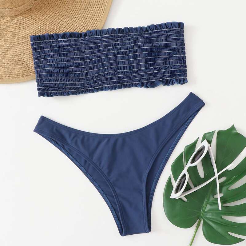 

Smocked Frill Bandeau Bikini Swimsuit, Navy blue