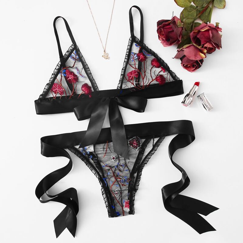 

Floral Embroidered Mesh Knot Front Lingerie Set, Black